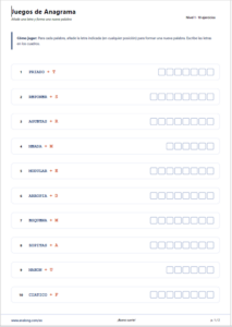 Juego de anagramas para imprimir en PDF con soluciones